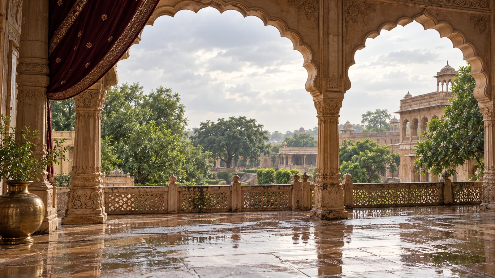 Sunlit sandstone terrace opening onto the palace gardens