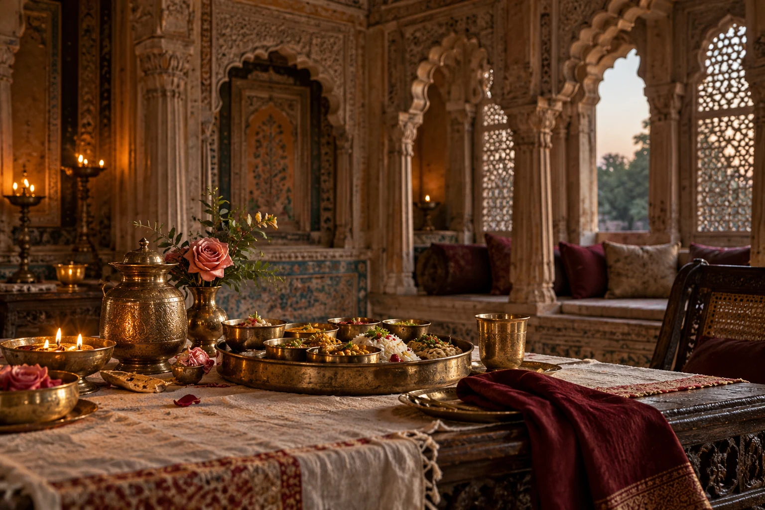 A candlelit wedding feast in a carved sandstone dining room