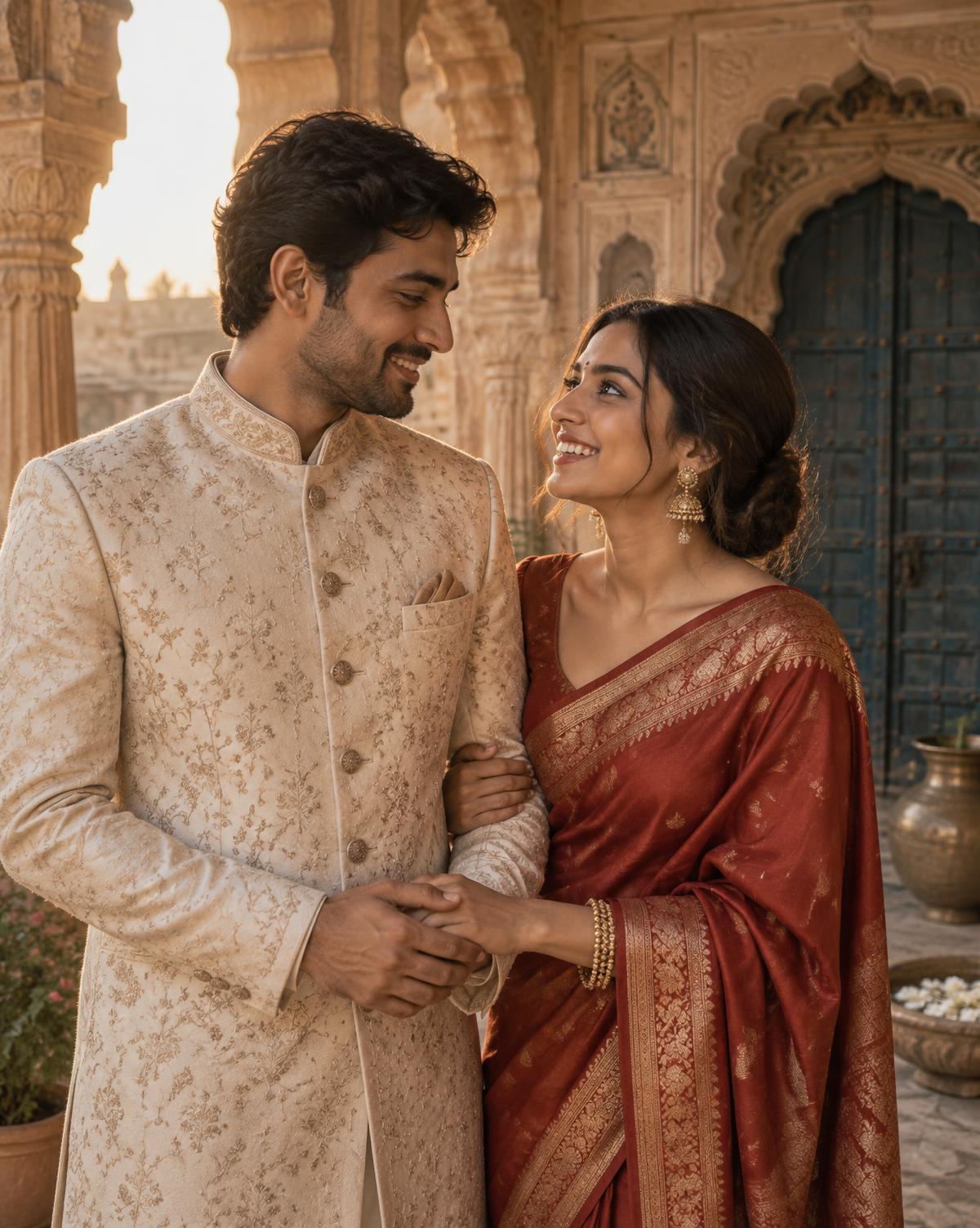 Aarohi and Vivaan together in a sandstone courtyard