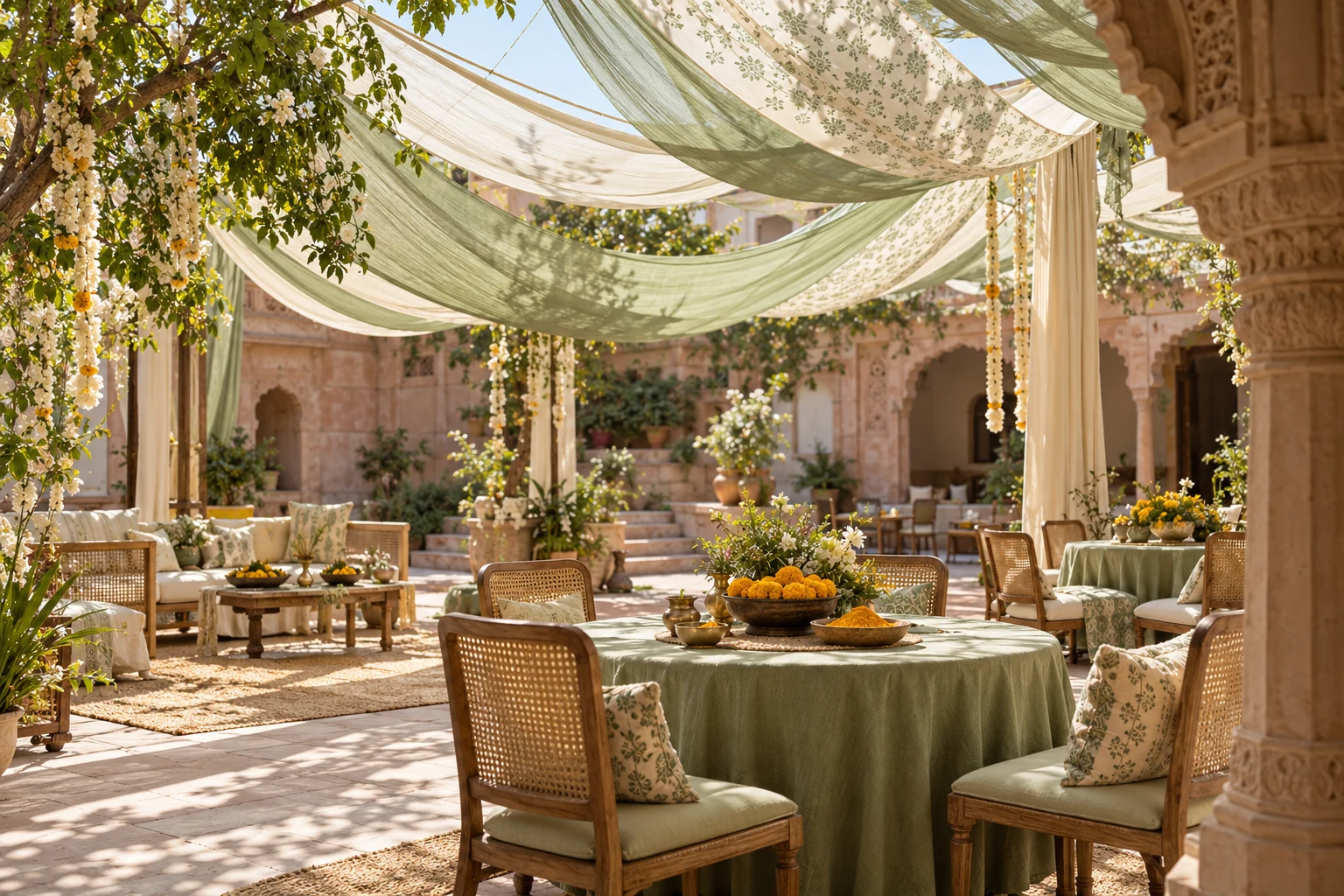 An elegant wedding banquet beneath a flower-lined canopy in the palace courtyard