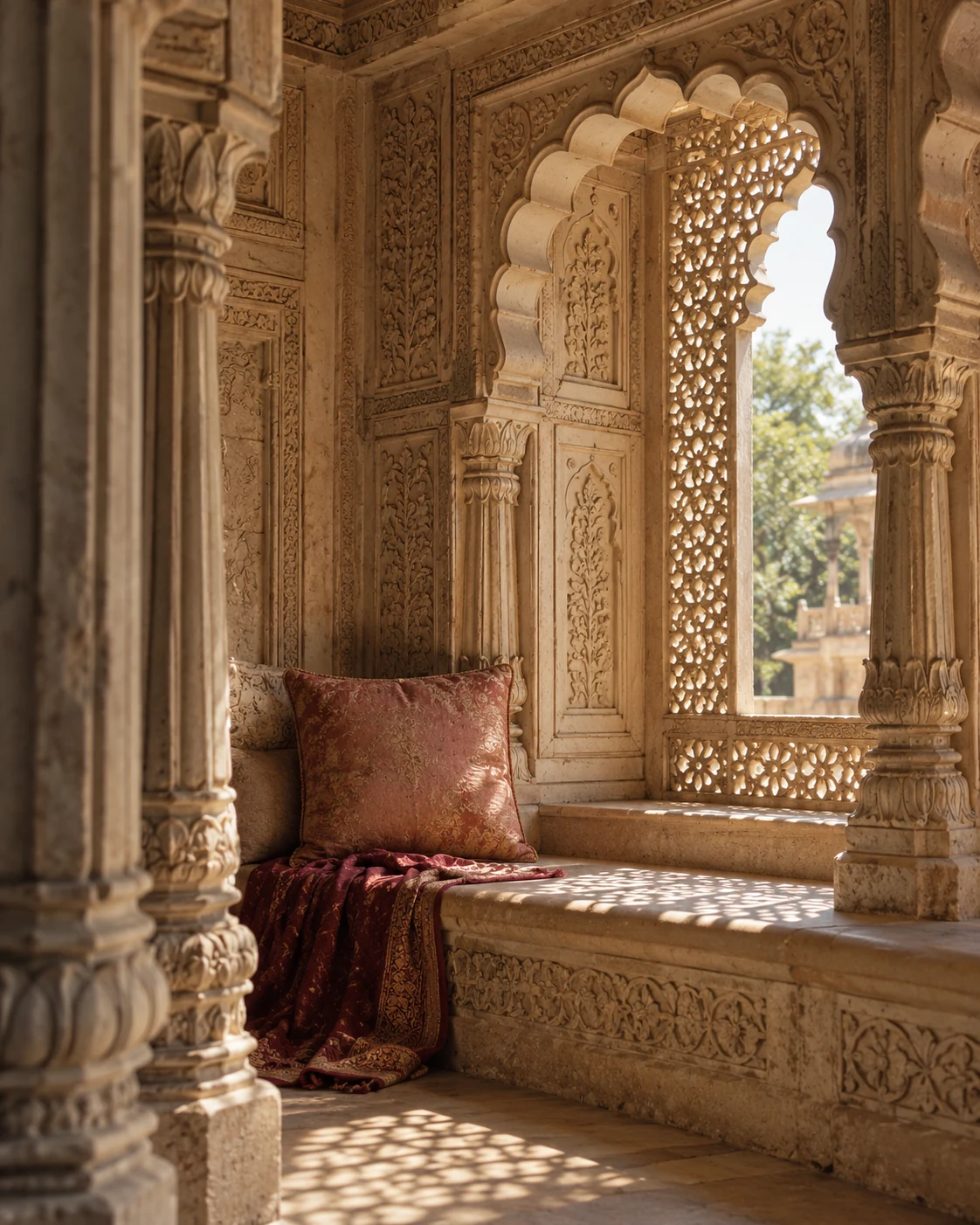An intricately carved jharokha with embroidered cushions and afternoon light