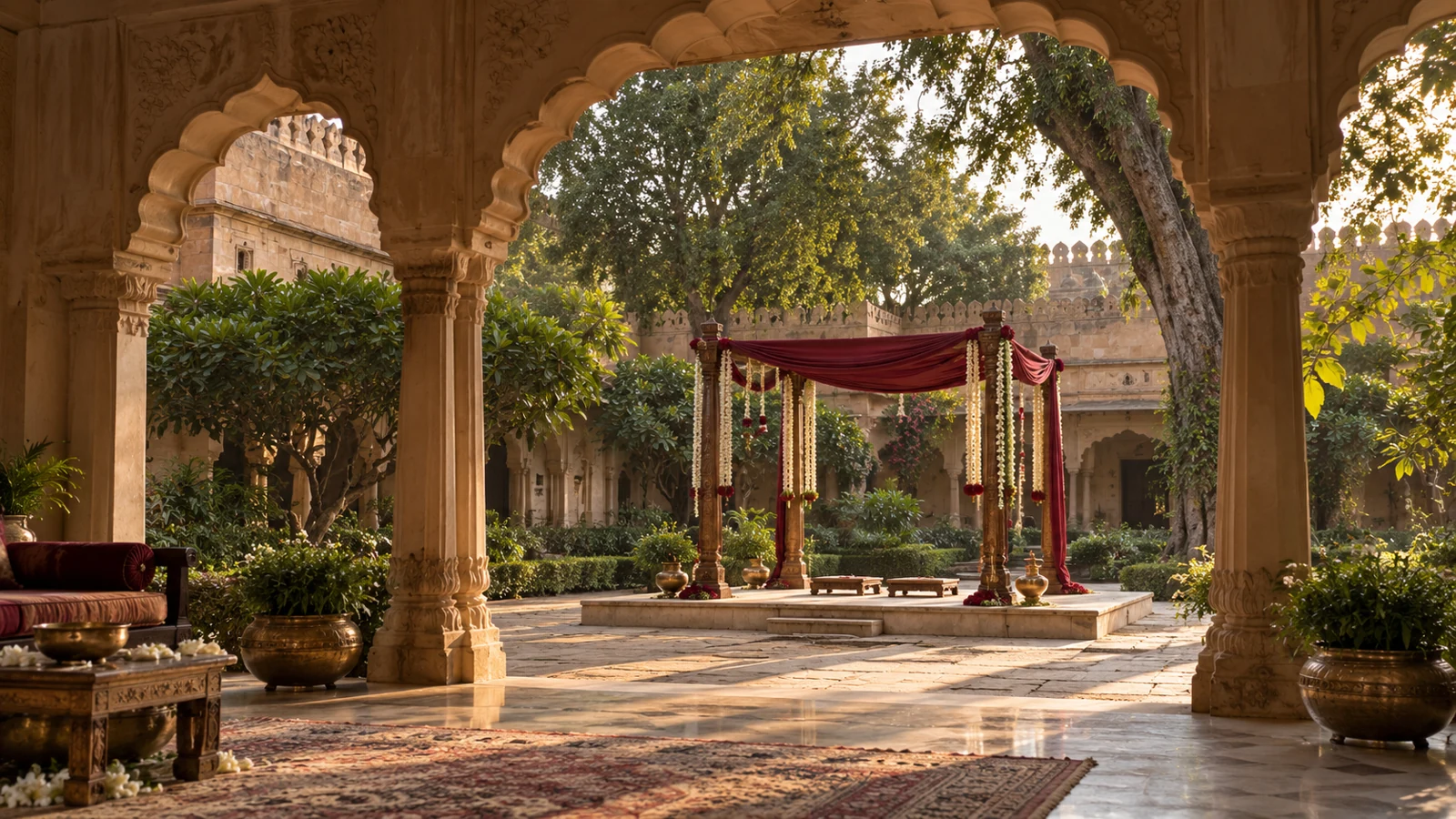 A flower-draped wedding mandap beneath the courtyard trees